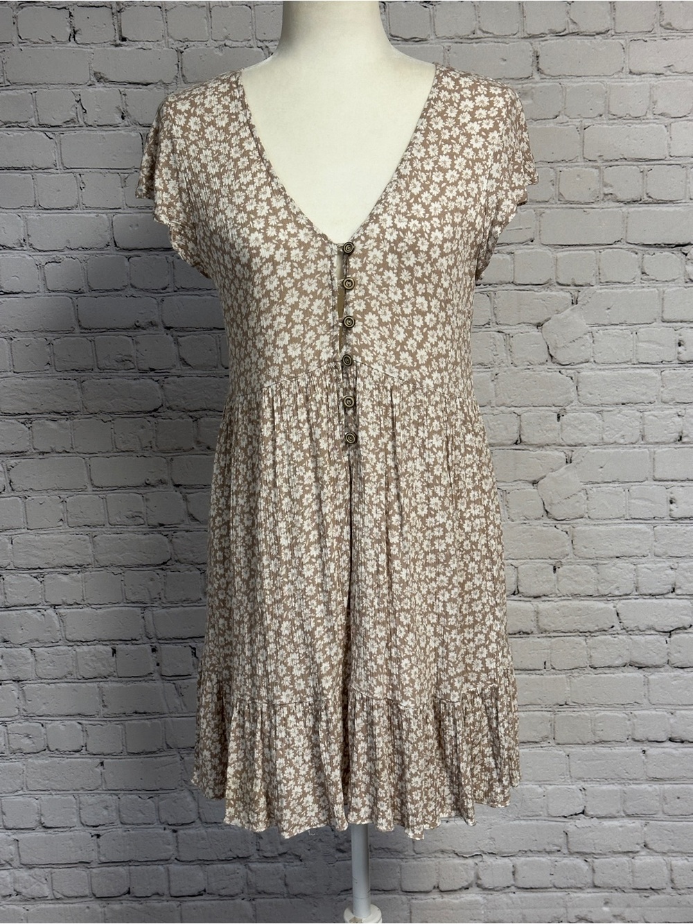 Sweet Love Beige Floral Button-Front Mini Dress